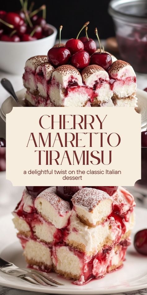 Cherry Amaretto Tiramisu is a rich, no-bake dessert layered with mascarpone cream, espresso-soaked ladyfingers, sweet cherries, and almond liqueur for irresistible flavor.