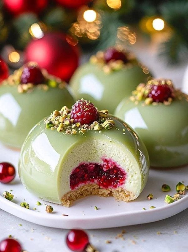 Indulge in these Pistachio and Raspberry Cheesecake Domes—a luxurious, no-bake dessert with creamy raspberry filling, pistachio mousse, and a crunchy pistachio crust. Perfect for any occasion!
